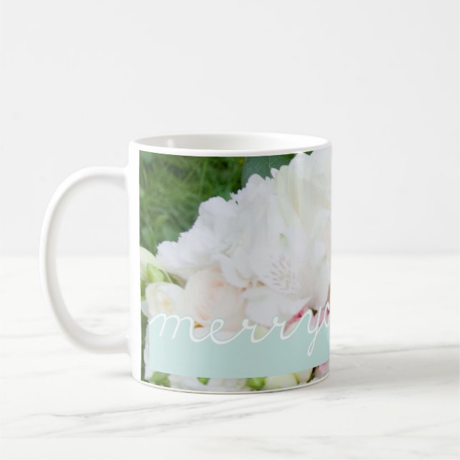Holiday Photo White Blue Christmas Merry Christmas Coffee Mug (Left)