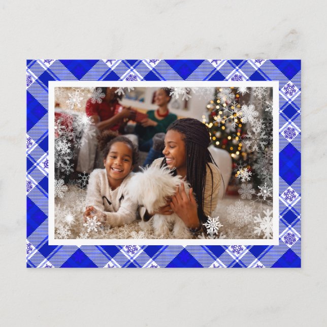 Holiday Photo - Winter Snowflake Blue Plaid Postcard (Front)