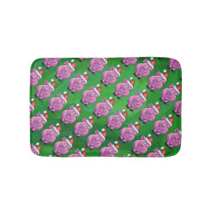 Holiday Pig in Santa Hat Pattern on Green Bath Mat