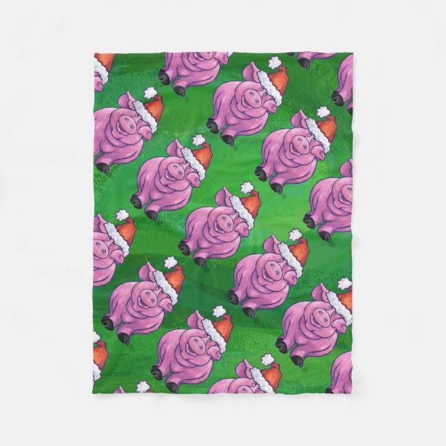 Holiday Pig in Santa Hat Pattern on Green Fleece Blanket (Front)