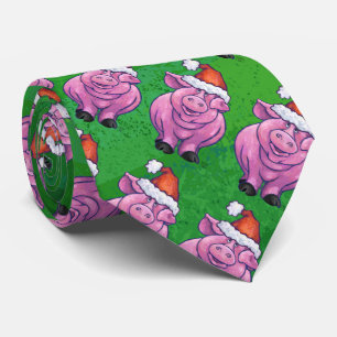 Holiday Pig in Santa Hat Pattern on Green Tie