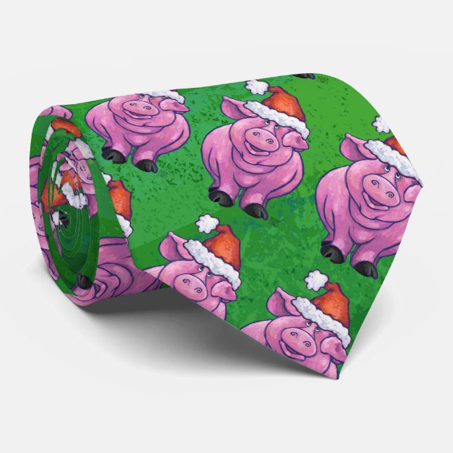 Holiday Pig in Santa Hat Pattern on Green Tie (Rolled)