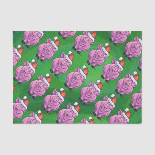 Holiday Pig in Santa Hat Pattern on Green Tissue Paper (Front)