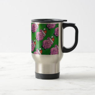 Holiday Pig in Santa Hat Pattern on Green Travel Mug