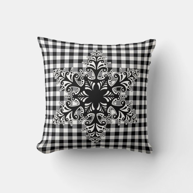 Holiday Pillow-Black & White Snowflake Cushion (Front)