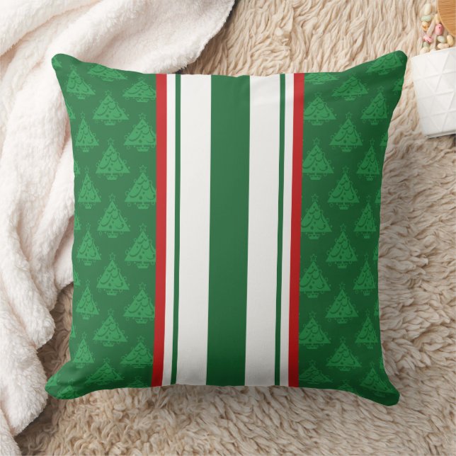 Holiday Pillow, Green White Red with Trees Cushion (Blanket)