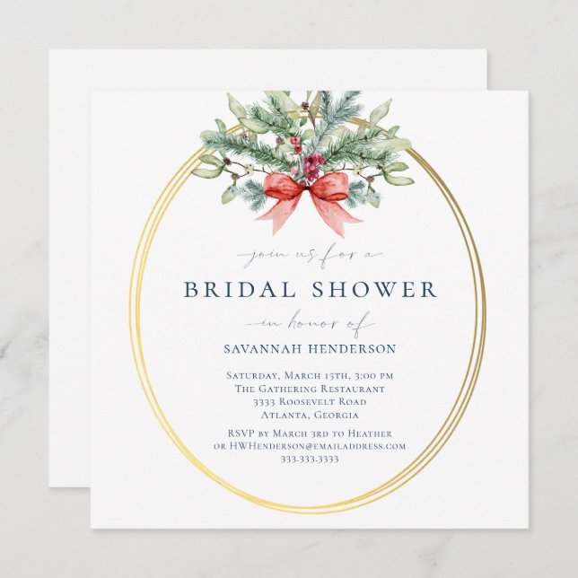 Holiday Pine and Gold Bridal Shower Invitation (Front/Back)