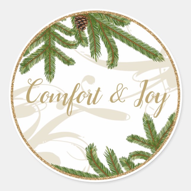 Holiday Pine Boughs Comfort and Joy Classic Round Sticker (Front)