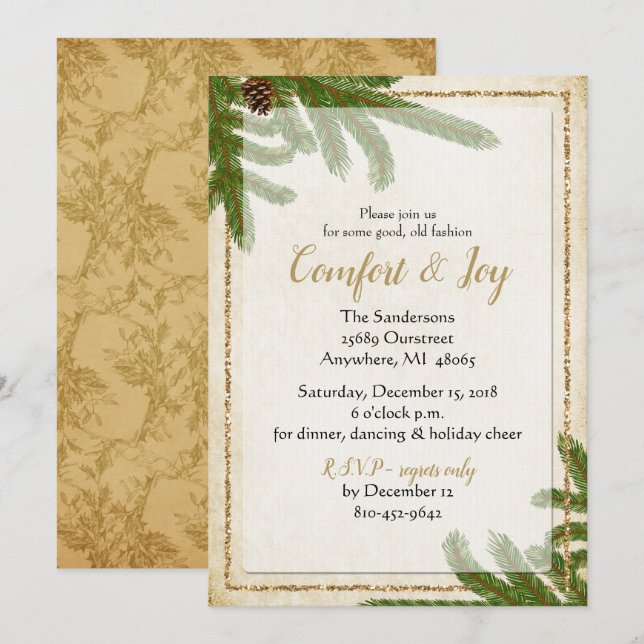 Holiday Pine Boughs Comfort and Joy Invitation (Front/Back)