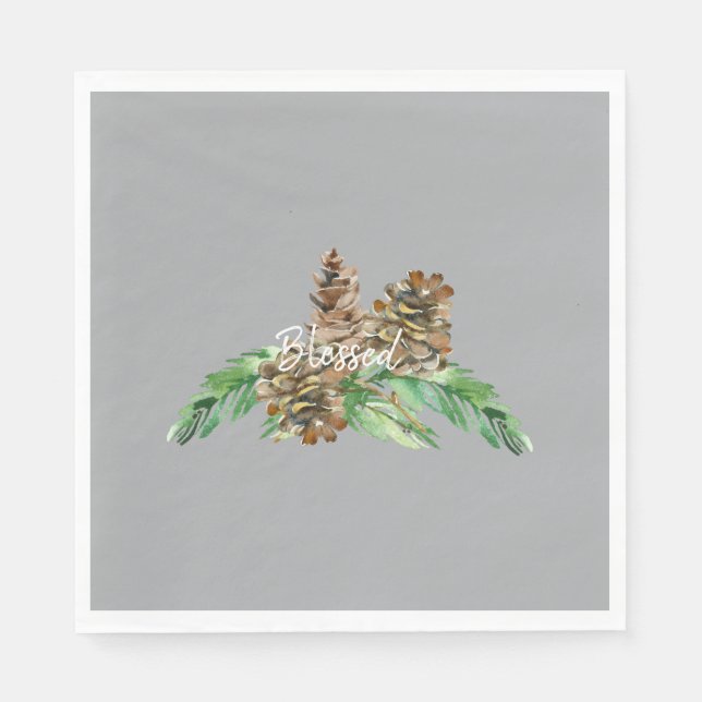 Holiday Pine Cone Foliage Blessed Grey Luncheon Napkin (Front)