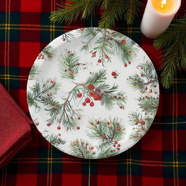Holiday Pine & Red Berries Woodland Design Paper Plate (Creator Uploaded)