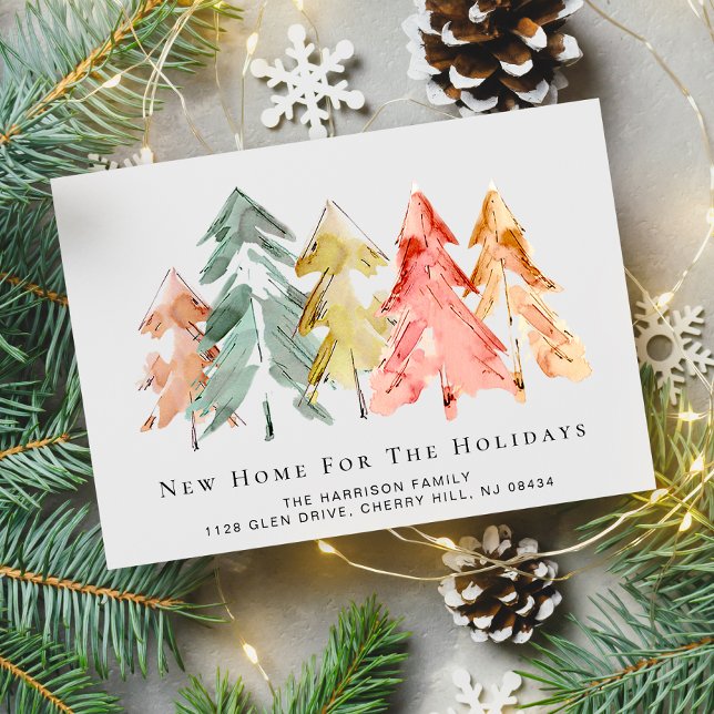 Holiday Pine Tree Forest Watercolor Moving Announcement Postcard (Creator Uploaded)
