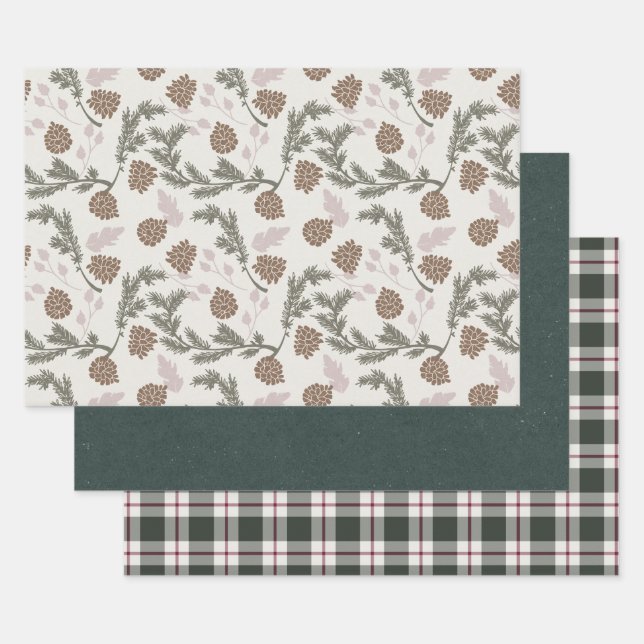 Holiday Pinecone Evergreen Emerald Plaid Christmas Wrapping Paper Sheet (Set)