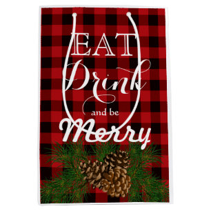 Holiday pinecone red plaid medium gift bag