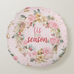 Holiday Pink Merry Christmas Beaux Wreath Custom Round Cushion