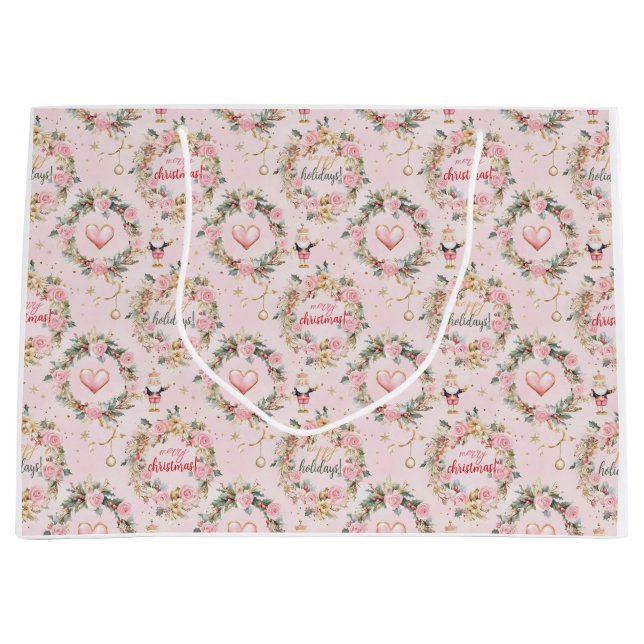 Holiday Pink Merry Nutcracker Beaux Custom Message Large Gift Bag (Front)
