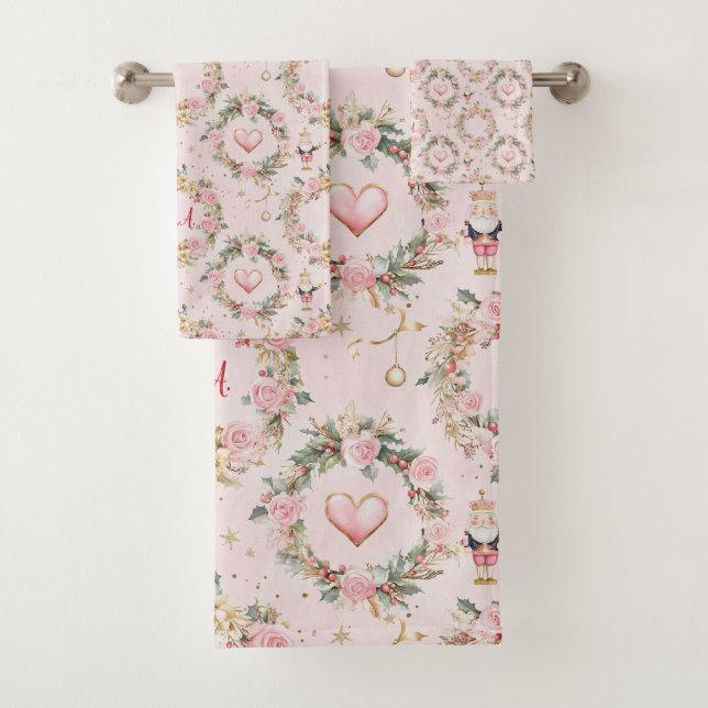 Holiday Pink Merry Nutcracker Beaux Custom Wreath Bath Towel Set (Insitu)