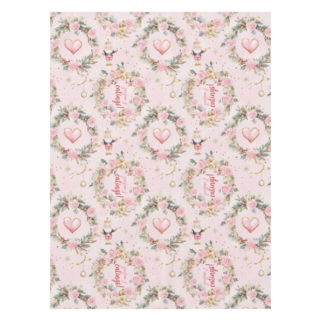 Holiday Pink Merry Nutcracker Beaux Custom Wreath Tablecloth (Front)