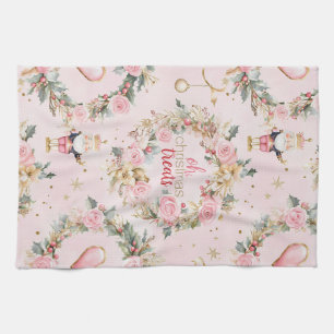 Holiday Pink Merry Nutcracker Beaux Custom Wreath Tea Towel