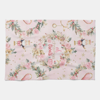 Holiday Pink Merry Nutcracker Beaux Custom Wreath Tea Towel