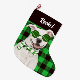 Holiday Pit Bull and Green Plaid Dog's Name Large Christmas Stocking
