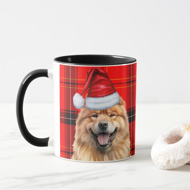 Holiday Plaid Chow Chow Christmas Santa Dog Mug (With Donut)
