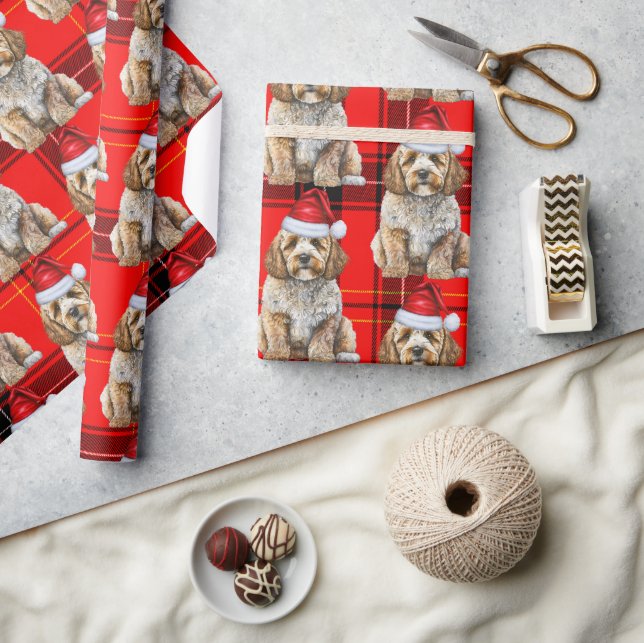 Holiday Plaid Cockapoo Santa Dog Christmas Wrapping Paper (Crafts)