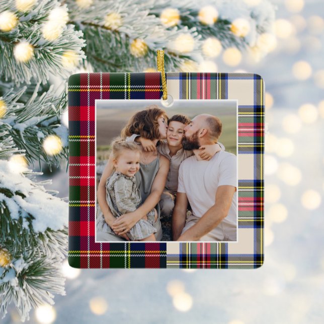 Holiday Plaid Family Photo Christmas  Ceramic Ornament (Creator Uploaded)