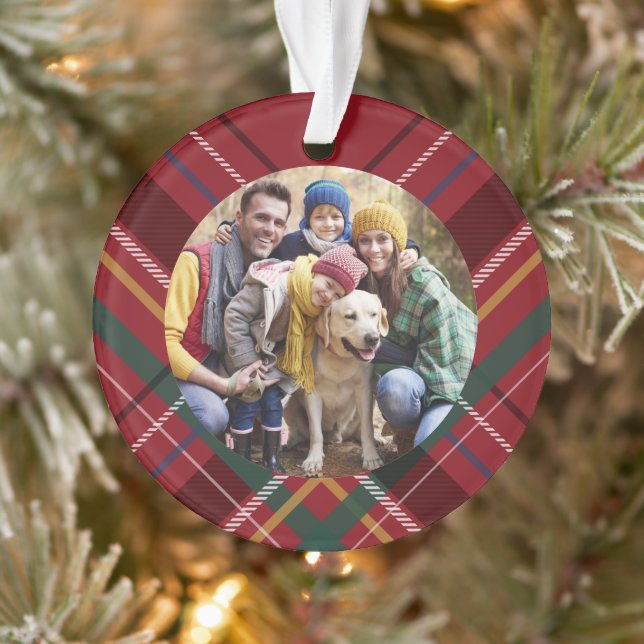 Holiday plaid frame family photo red Christmas Ornament (Tree)