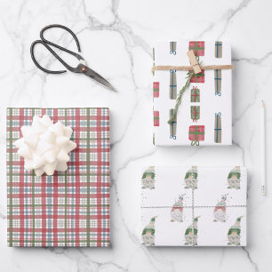 Holiday Plaid & Gnome Wrapping Paper   3 sheet set