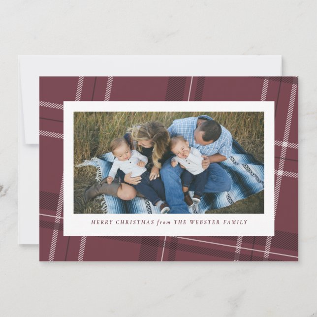 Holiday plaid maroon horizontal photo card (Front)