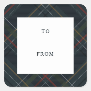 Holiday plaid navy blue to and from gift square sticker