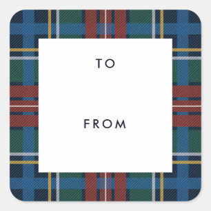 Holiday plaid navy blue to and from gift square sticker