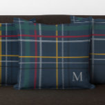 Holiday plaid navy Christmas monogram colourful Cushion<br><div class="desc">A festive navy plaid with checks of red, green, yellow and white makes this pillow a perfect holiday decor item. Add a personalised touch with a classic type initial. This Christmas pillow makes a great gift - to yourself or others! Great for newlyweds, hostesses, family and more. Also coordinates with...</div>