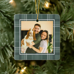 Holiday plaid one photo sage green Christmas Ceramic Ornament