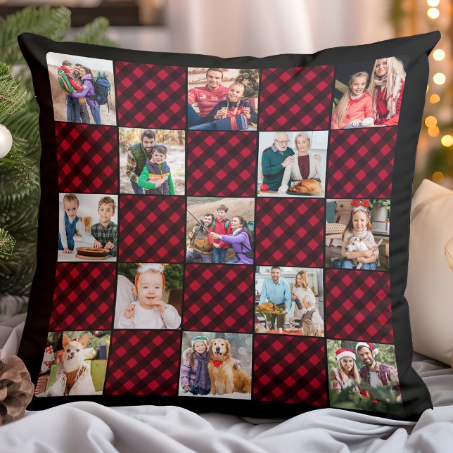 Holiday Plaid Personalised Unique 13 Photo Collage Cushion (Creator Uploaded)