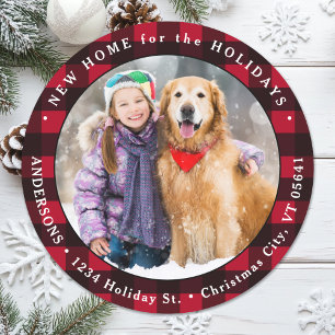Holiday Plaid Photo New Address Moving Christmas  Classic Round Sticker