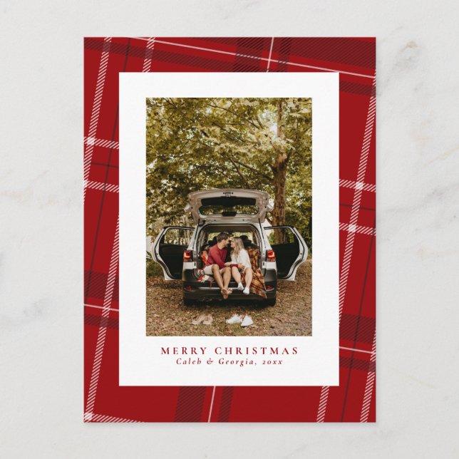 Holiday plaid red Christmas photo postcard (Front)