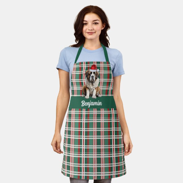 Holiday Plaid Saint Bernard Santa Dog Christmas Apron (Worn)