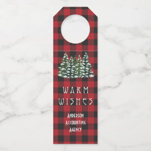 Holiday Plaid Watercolor Trees Customer Business Bottle Tag