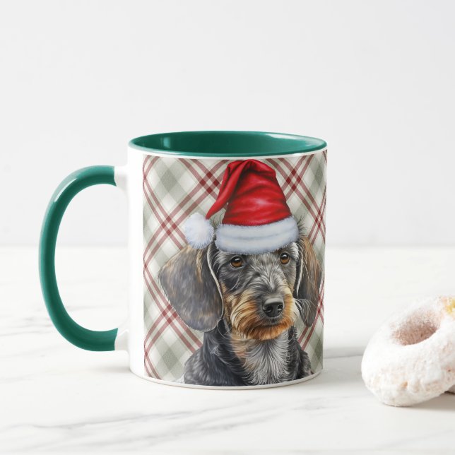 Holiday Plaid Wire Hair Dachshund Santa Dog Mug (With Donut)