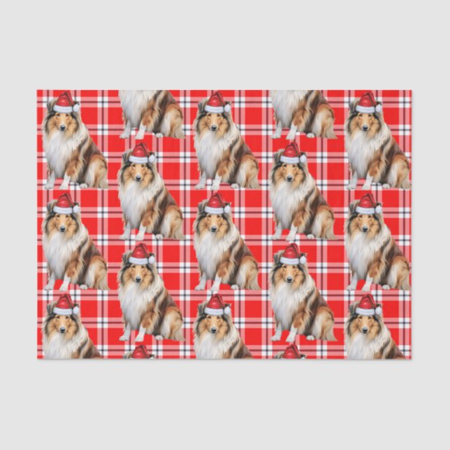 Holiday Plaid with Rough Collie Dog Christmas Tissue Paper (Front)