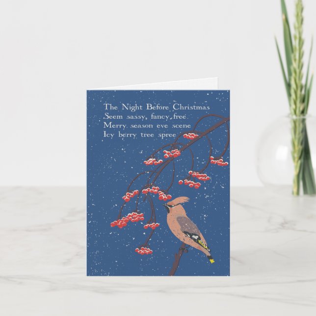 Holiday Poem Hand Illustrated Waxwing Bird in Snow Card (Front)