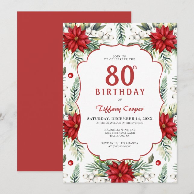 Holiday Poinsettia 80th Birthday Invitation (Front/Back)