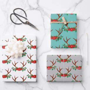 Holiday Poinsettia and Antlers Wrapping Paper Sheet