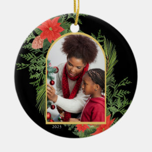 Holiday Poinsettia and Greenery Photo Black Ceramic Tree Decoration