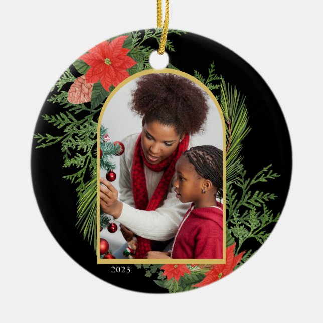 Holiday Poinsettia and Greenery Photo Black Ceramic Tree Decoration (Front)