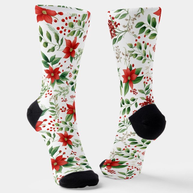 Holiday Poinsettia Christmas Ppattern Socks (Angled)