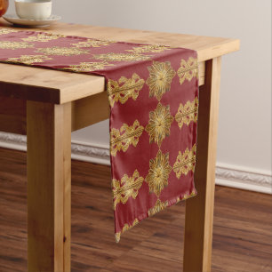 Holiday Poinsettia Custom Red Gold Stripe Long Table Runner