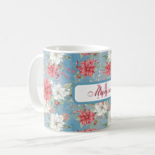 Holiday Poinsettia Floral Mug on Blue Personalised